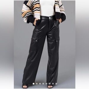 Haute Monde Black Faux Leather Wide-Leg Cargo Pants